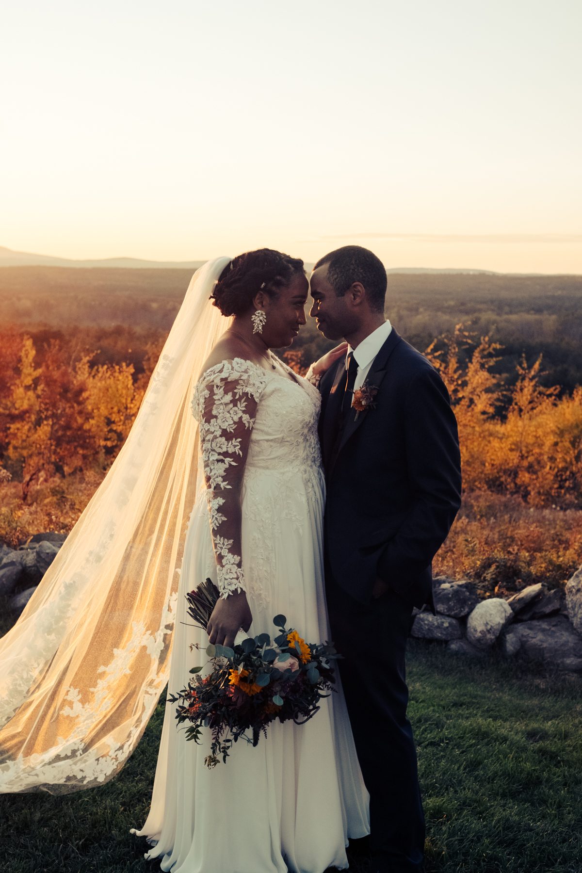 Bride with bouquet at golden hour